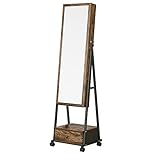 SONGMICS Miroir sur Pied avec Rangement, Armoire à Bijoux, Range-Bijoux, Psyche Miroir, Verouillable, avec Tiroir, Étagère, roulettes, Idée Cadeau, Marron Rustique et Noir JJC004X01
