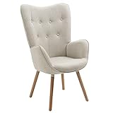 MEUBLE COSY Fauteuil Scandinave Chaise de Canapé de Loisirs pour Salon Salle à Manger Bureau avec Un Revêtement en Tissu, Accoudoirs Rembourés et des Pieds en Bois Massif, Beige, 66x71x110cm
