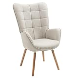 MEUBLE COSY Fauteuil Scandinave Chaise de Canapé de Loisirs pour Salon Salle à Manger Bureau avec Un Revêtement en Tissu, Accoudoirs Rembourés et des Pieds en Bois Massif, Beige, 66x71x110cm