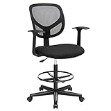 SONGMICS Fauteuil de Bureau, Chaise en Toile, Siège Ergonomique, Tabouret, avec Repose-Pieds Réglable en Hauteur, Pivotant sur 360°, pour Bureau Debout, Noir OBN25BK