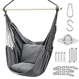 Ohuhu Fauteuil Suspendu Exterieur avec 2 Coussins, Chaise Suspendue Balançoire de Relaxation, Fauteuil Suspendu Interieur Adapté à Tout Décor, Chaise Suspendue Facile à Assembler, Gris