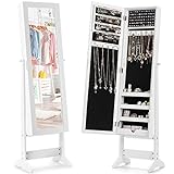 RELAX4LIFE Armoire à Bijoux sur Pieds avec Miroir Pleine Longueur HD 4 Angles Réglables, Armoire à Bijoux avec Grand Espace de Rangement pour Chambre, Vestiaire, Salle de Bain (Blanc)