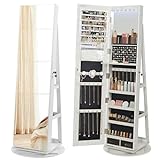 SONGMICS Armoire à Bijoux avec Miroir sur Pieds, Verrouillable, avec 6 LED, Rangement Bijoux Pivotant 360°, Miroir Psyché sans Cadre, 3 Étagères, Surface en Blanc, Doublure en Noir JJC007W01