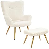 Yaheetech Fauteuil Scandinave à Oreilles avec Repose Pieds en Tissu Bouclette Fauteuil de Salon et Télévision en Peluche Design Elégant 67,5 cm × 70 cm × 97,5 cm Blanc