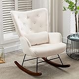 Fauteuil à Bascule en Velours Rembourré avec Support Lombaire, Chaise a Bascule Scandinave à Structure en Métal et Pieds en Bois, Fauteuil Allaitement pour Salon, Balcon, Chambre d'enfant, Blanc