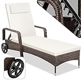 tectake® Chaise Longue Bain de Soleil en Resine Tressee Résistant Inclinable avec Roulettes Transat Salon de jardin exterieur Mobilier de Jardin Chaise Longue Piscine Plage - Marron Marbré